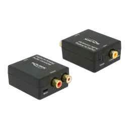 Conversor de áudio Delock 63477 DAC Digital para Analógico 192kHz, vista frontal e traseira: saídas RCA douradas, entrada