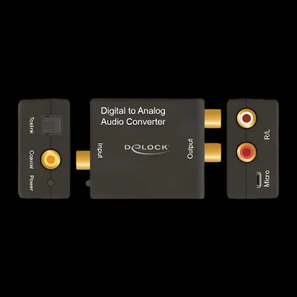 Conversor de áudio Delock 63477 DAC Digital para Analógico 192kHz, três vistas: lateral esquerda com Toslink e coaxial