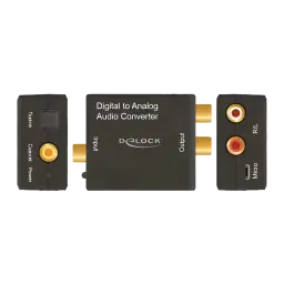 Conversor de áudio Delock 63477 DAC Digital para Analógico 192kHz, três vistas: lateral esquerda com Toslink e coaxial