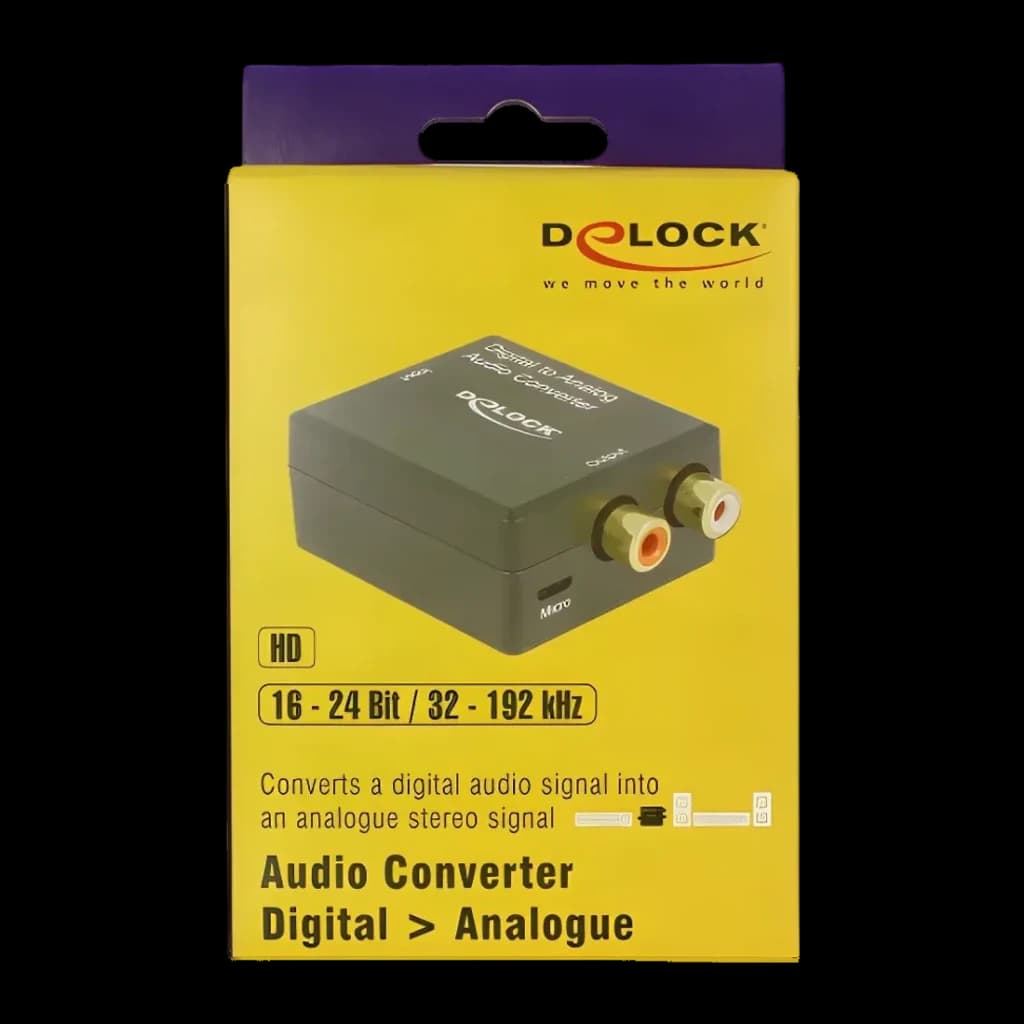 Conversor de áudio Delock 63477 DAC Digital para Analógico 192kHz, caixa frontal: embalagem amarela com dispositivo