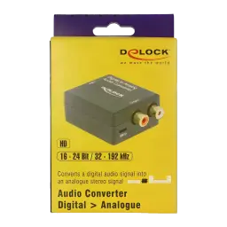 Conversor de áudio Delock 63477 DAC Digital para Analógico 192kHz, caixa frontal: embalagem amarela com dispositivo