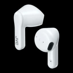 Écouteurs JVC HA-A3T TWS Bluetooth 5.1 22h IPX4 blancs, vue avant: deux écouteurs blancs avec logo JVC et bouton tactile