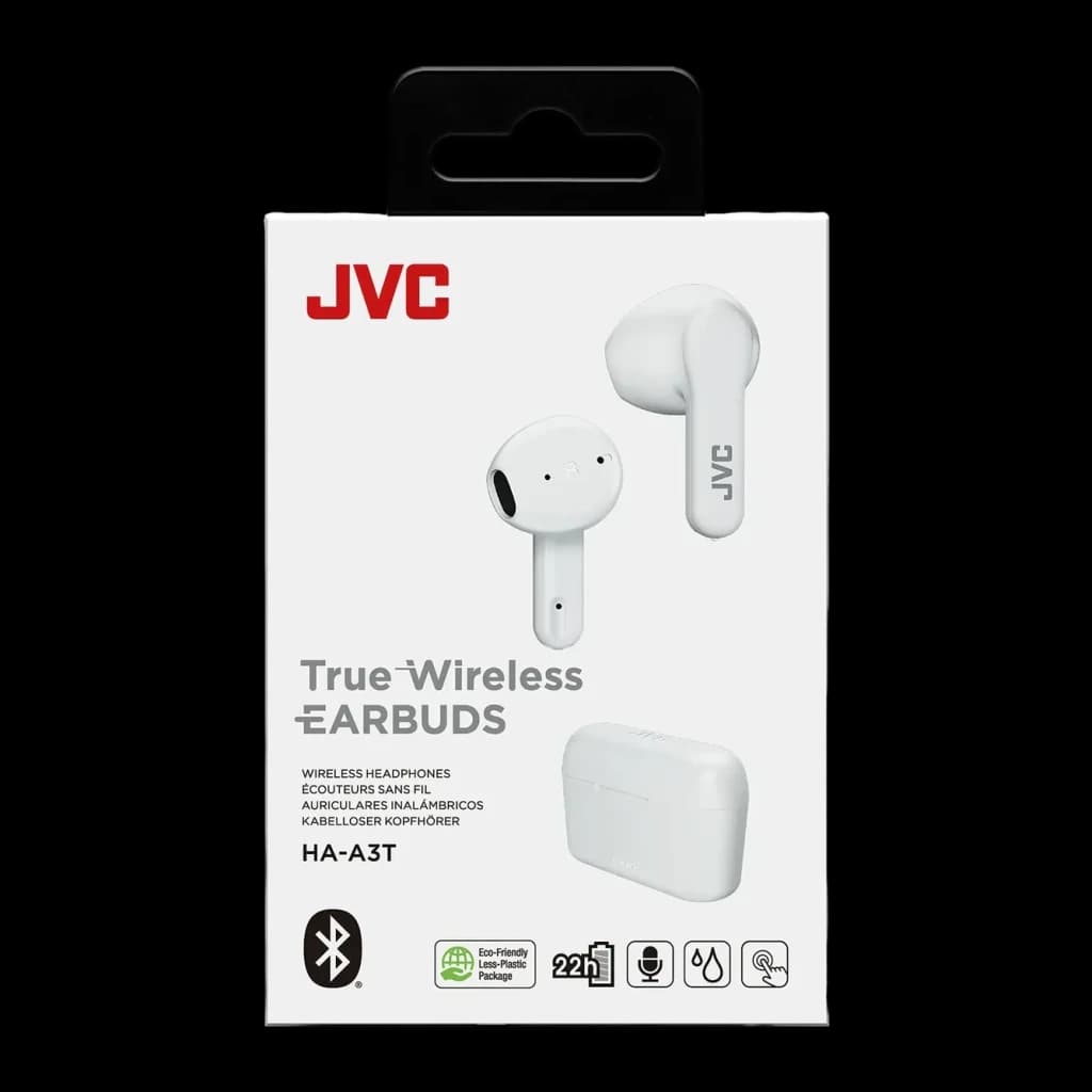 Écouteurs JVC HA-A3T TWS Bluetooth 5.1 22h IPX4, boîte: packaging avant avec écouteurs blancs et boîtier de charge