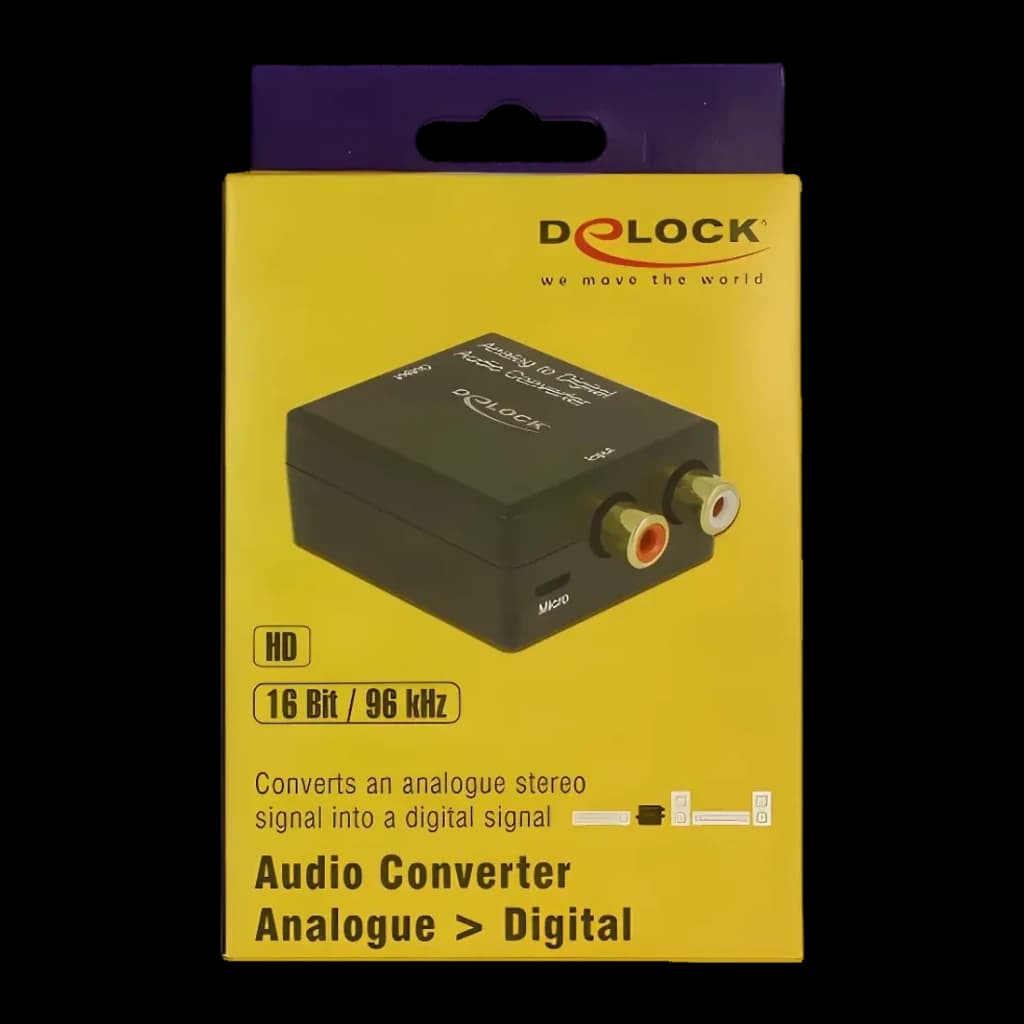 Conversor de áudio Delock 63468 Analógico para Digital 16 Bit / 96 kHz, caixa frontal: embalagem amarela com dispositivo