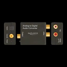 Conversor de áudio Delock 63468 Analógico para Digital 16 Bit / 96 kHz, três faces: Toslink, RCA coaxial dourado, entradas