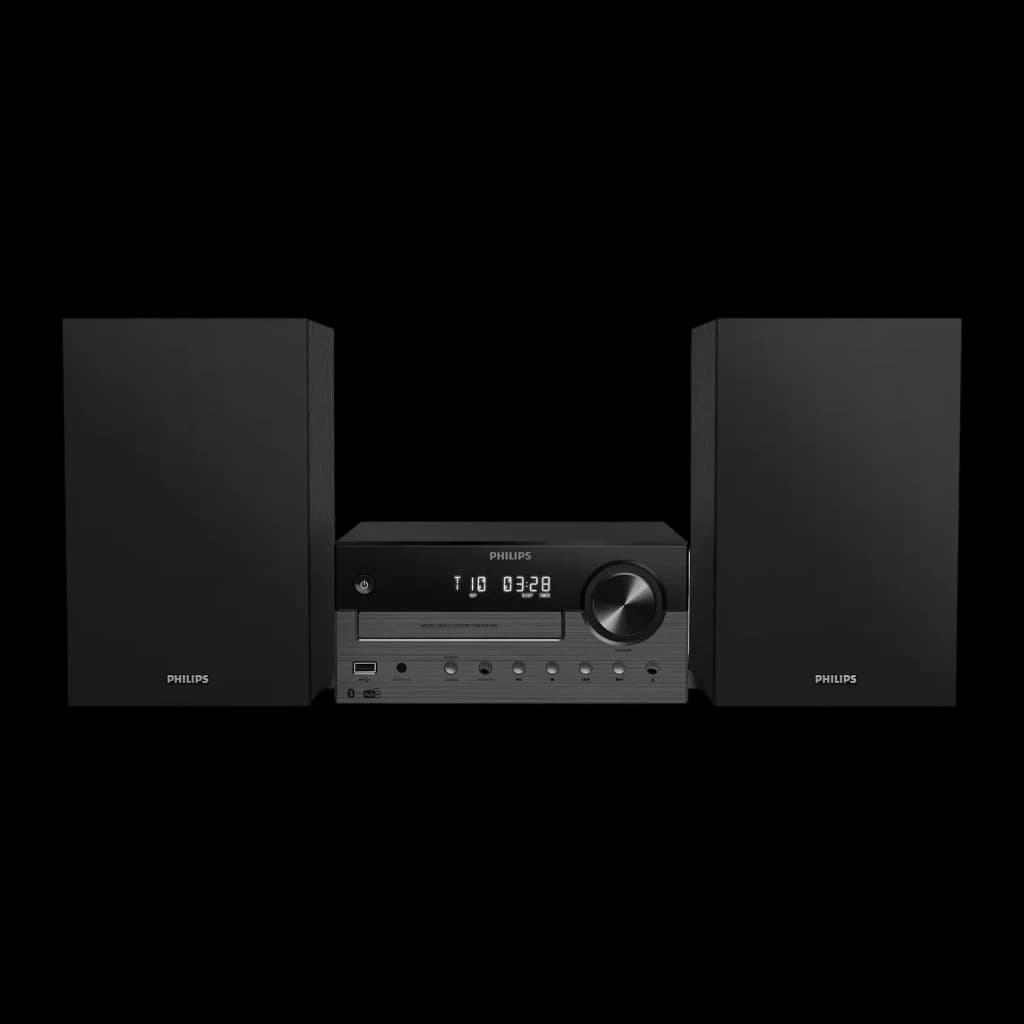 Chaîne Hi-Fi Philips TAM4505M2 CD DAB+ FM 80W Bluetooth, vue de face: unité centrale avec afficheur LED, lecteur CD et deux