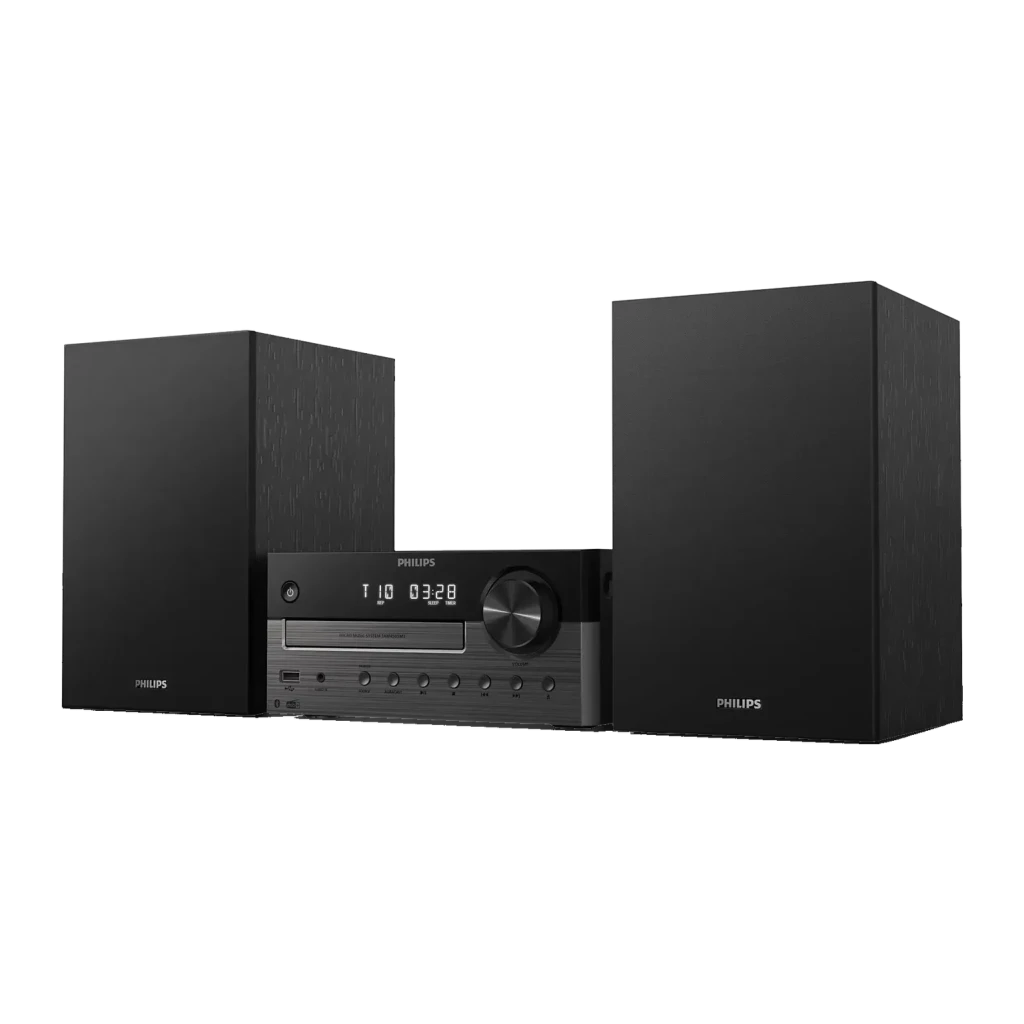 Chaîne Hi-Fi Philips TAM4505M2 CD DAB+ FM 80W Bluetooth, vue de face en angle: unité centrale avec afficheur LED et deux