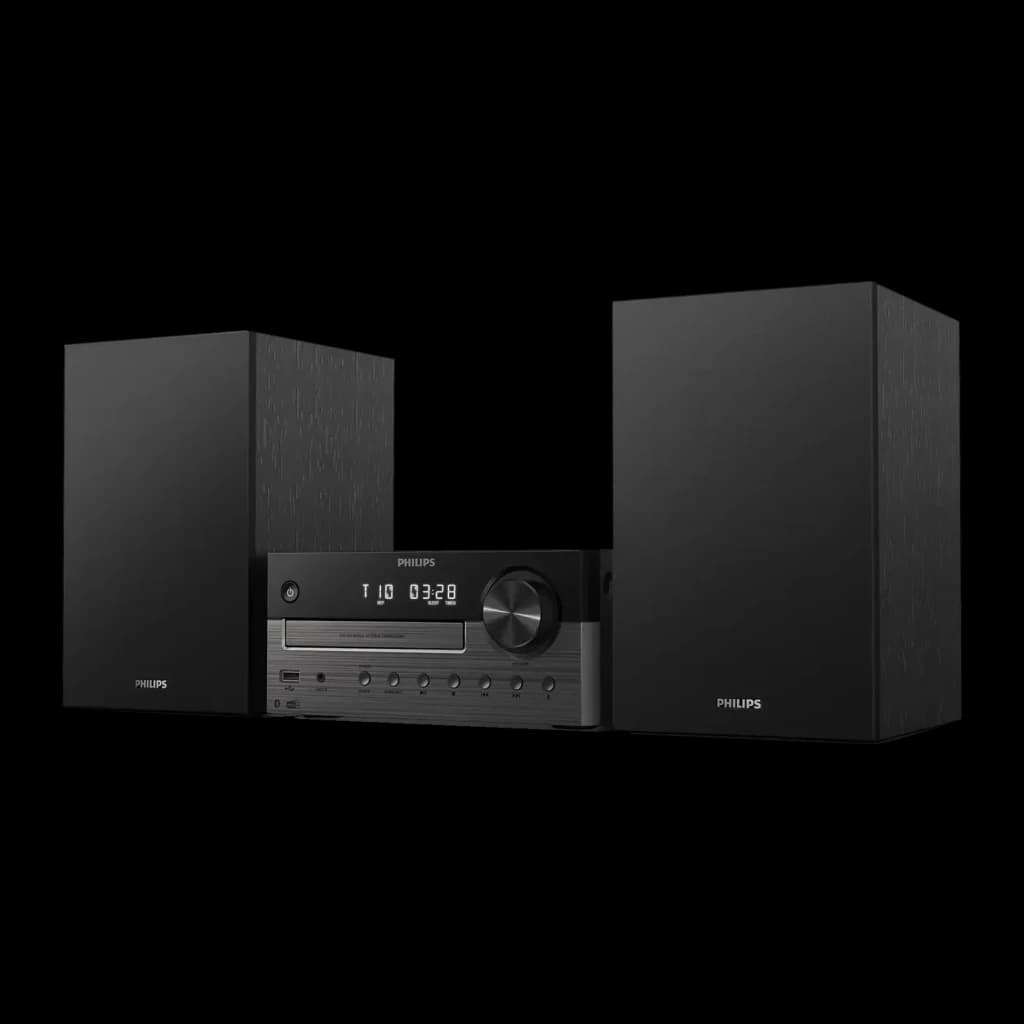 Chaîne Hi-Fi Philips TAM4505M2 CD DAB+ FM 80W Bluetooth, vue de face en angle: unité centrale avec afficheur LED et deux