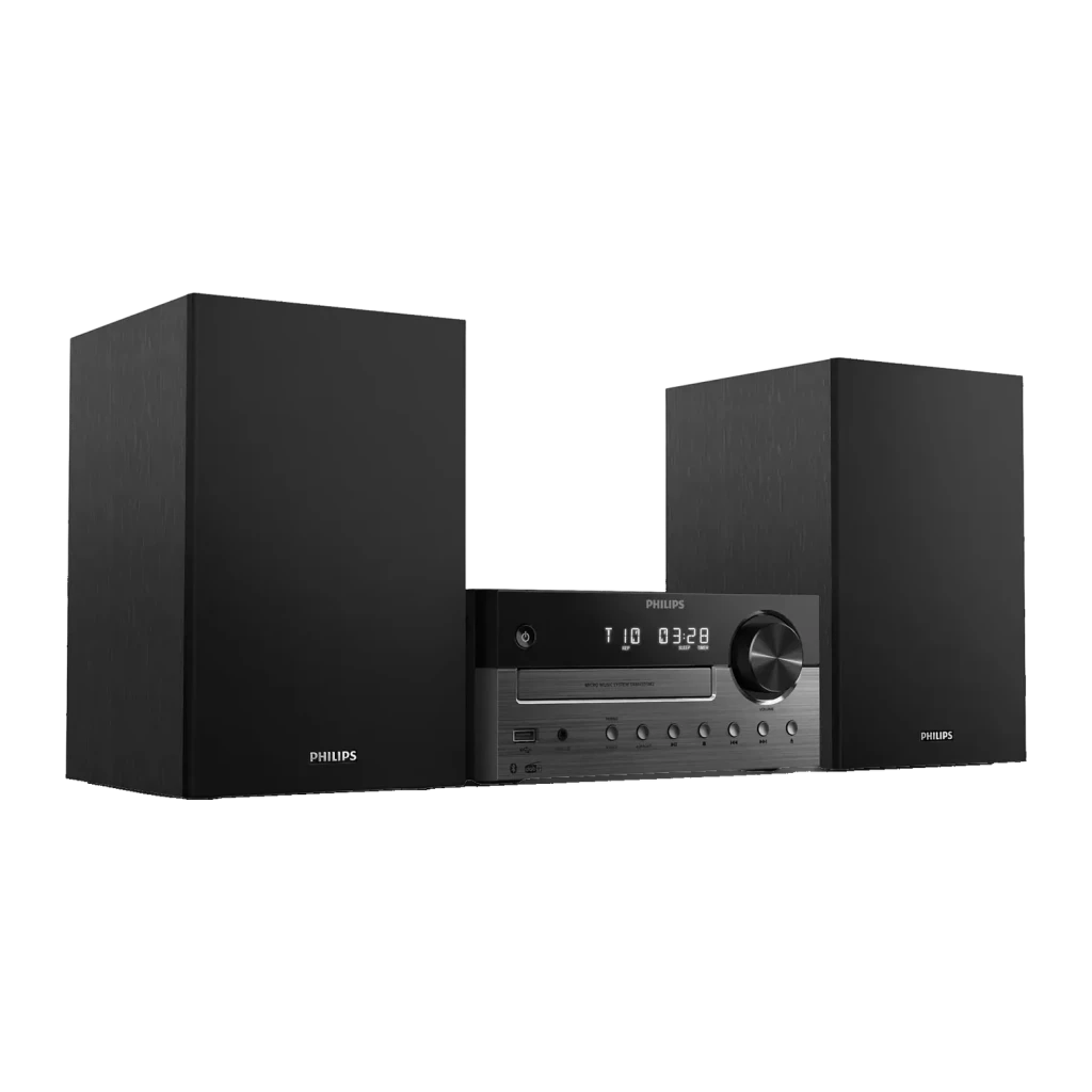Chaîne Hi-Fi Philips TAM4505M2 CD DAB+ FM 80W Bluetooth, vue de face en angle: unité centrale avec afficheur et enceintes