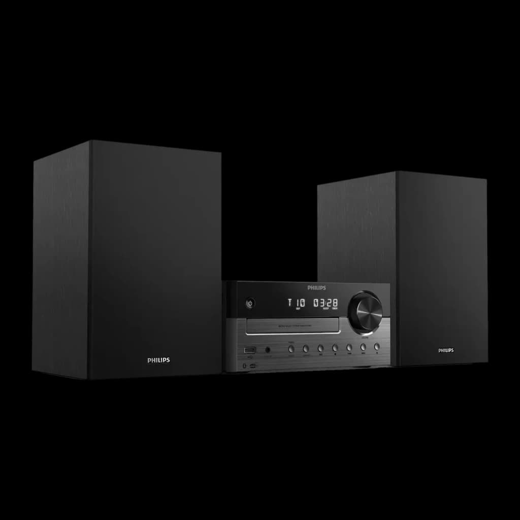 Chaîne Hi-Fi Philips TAM4505M2 CD DAB+ FM 80W Bluetooth, vue de face en angle: unité centrale avec afficheur et enceintes
