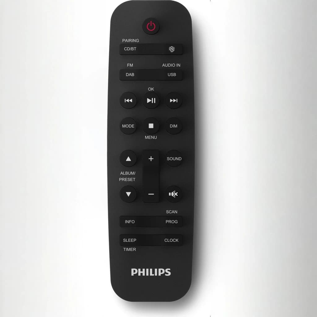 Chaîne Hi-Fi Philips TAM4505M2 CD DAB+ FM 80W Bluetooth, en utilisation: télécommande noire vue de face avec touches DAB