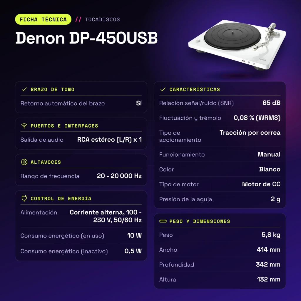 Denon DP-450USB Tocadiscos 20-20000Hz USB 2.0 + RCA estéreo - características