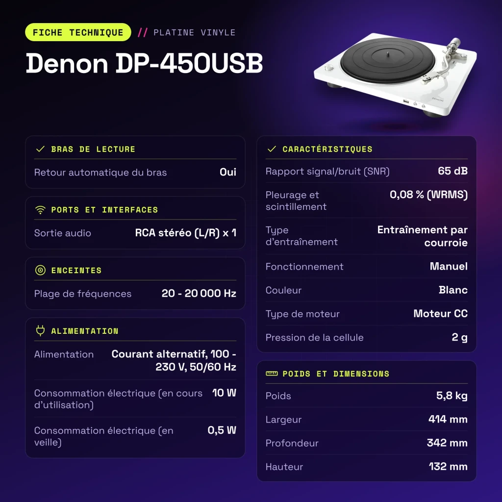 Denon DP-450USB Tocadiscos 20-20000Hz USB 2.0 + RCA estéreo - características