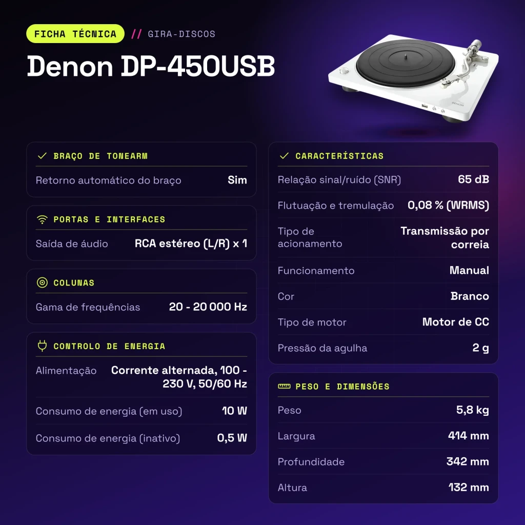 Denon DP-450USB Tocadiscos 20-20000Hz USB 2.0 + RCA estéreo - características
