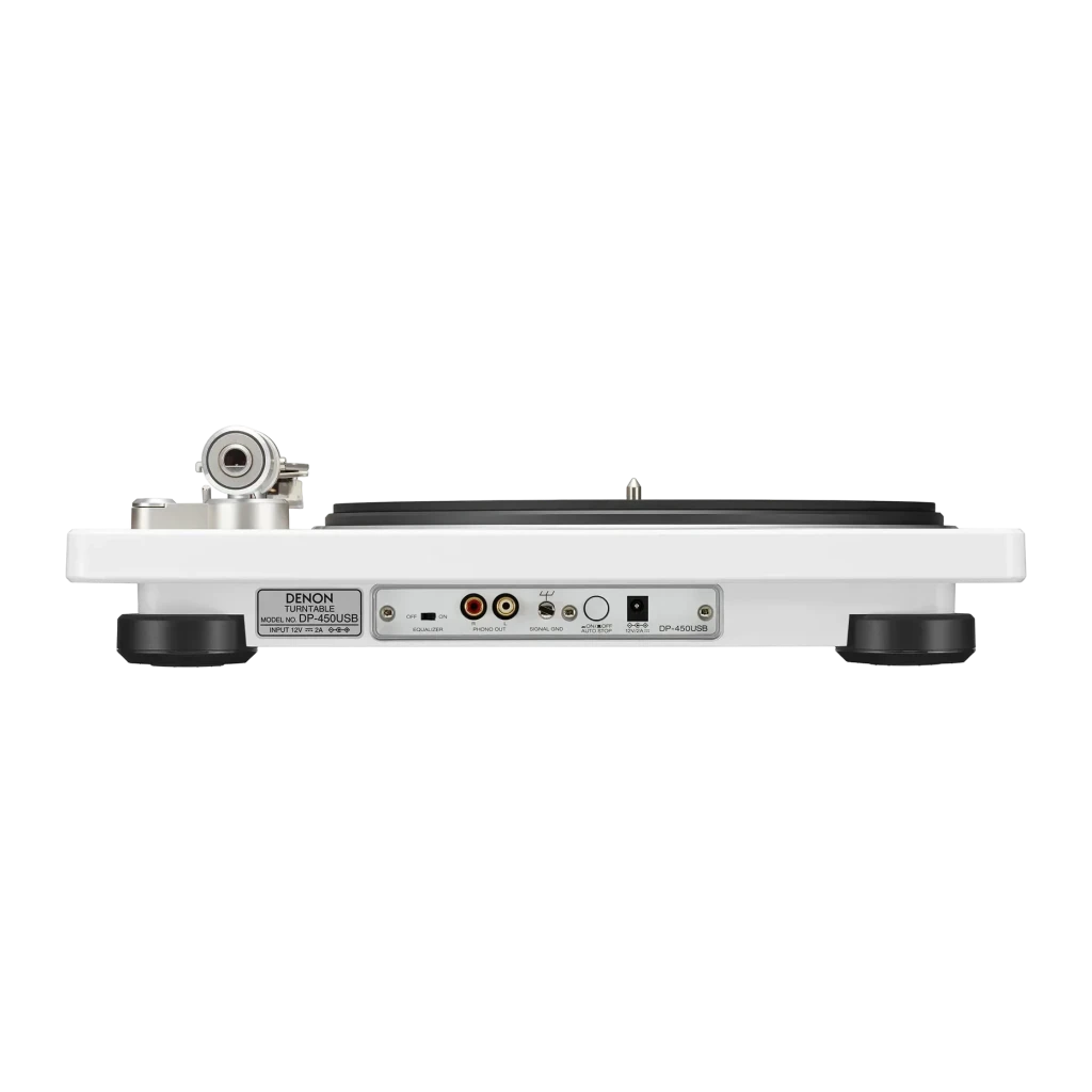 Denon DP-450USB Tocadiscos 20-20000Hz USB 2.0 + RCA estéreo, vista lateral trasera: panel de conexiones RCA, USB y masa