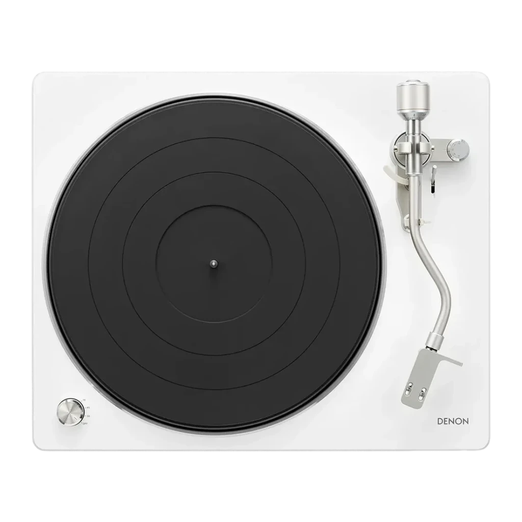 Denon DP-450USB Tocadiscos 20-20000Hz USB 2.0 + RCA estéreo, vista superior: plato negro, brazo tonearm plateado y selector