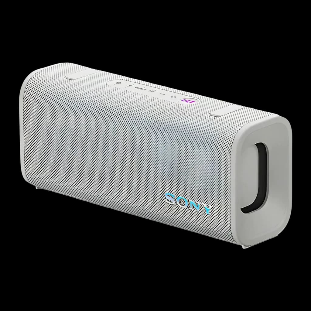 Enceinte portable Sony ULT Field 3 IP67 27W 24h Bluetooth 5.2 blanche, vue avant en angle: grille textile, poignée latérale