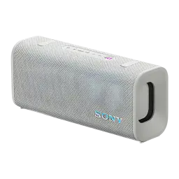 Enceinte portable Sony ULT Field 3 IP67 27W 24h Bluetooth 5.2 blanche, vue avant en angle: grille textile, poignée latérale