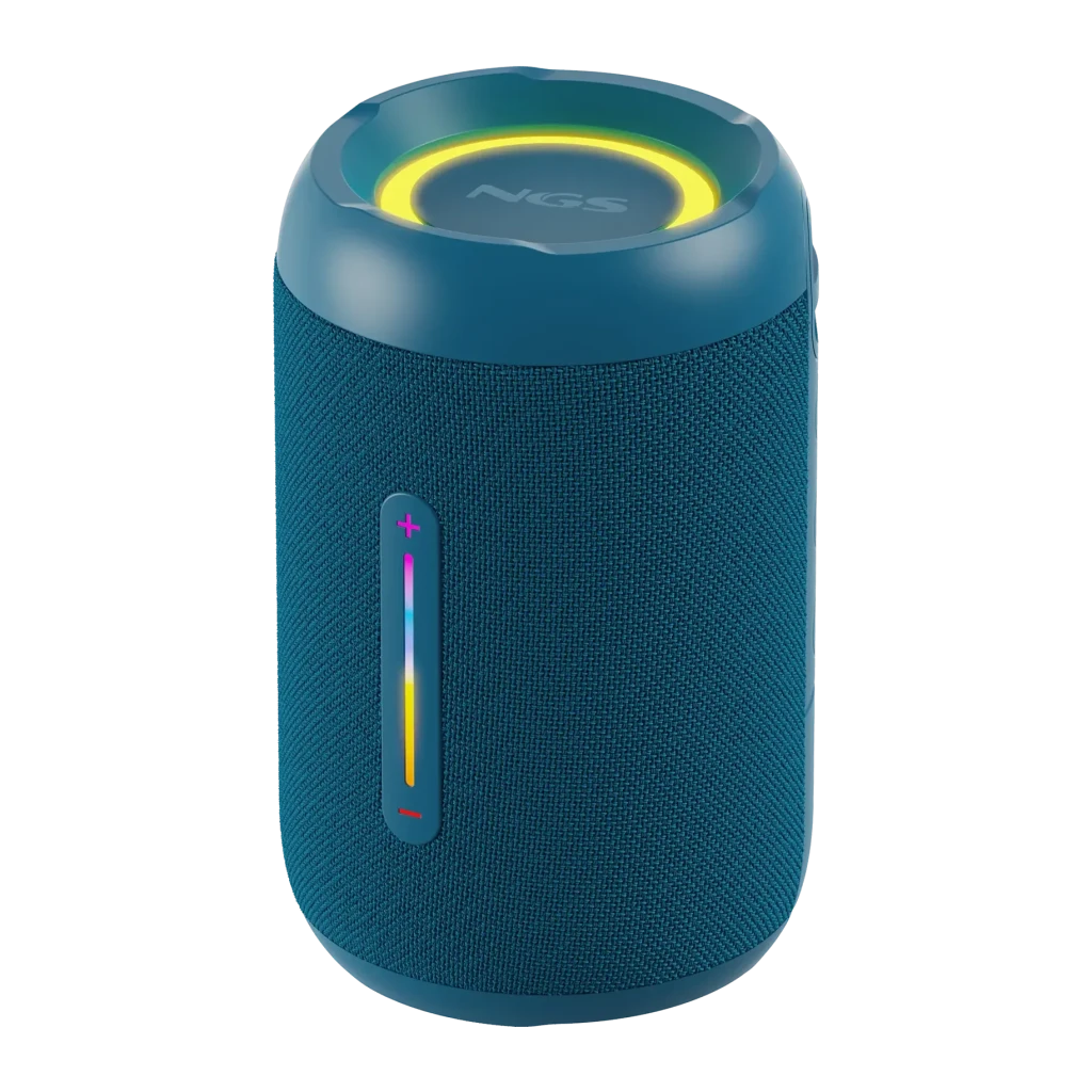 Coluna portátil NGS Roller Furia 2 Tiny IPX7 10W 7h Bluetooth 5.4 azul, vista frontal: corpo cilíndrico em tecido, barra RGB