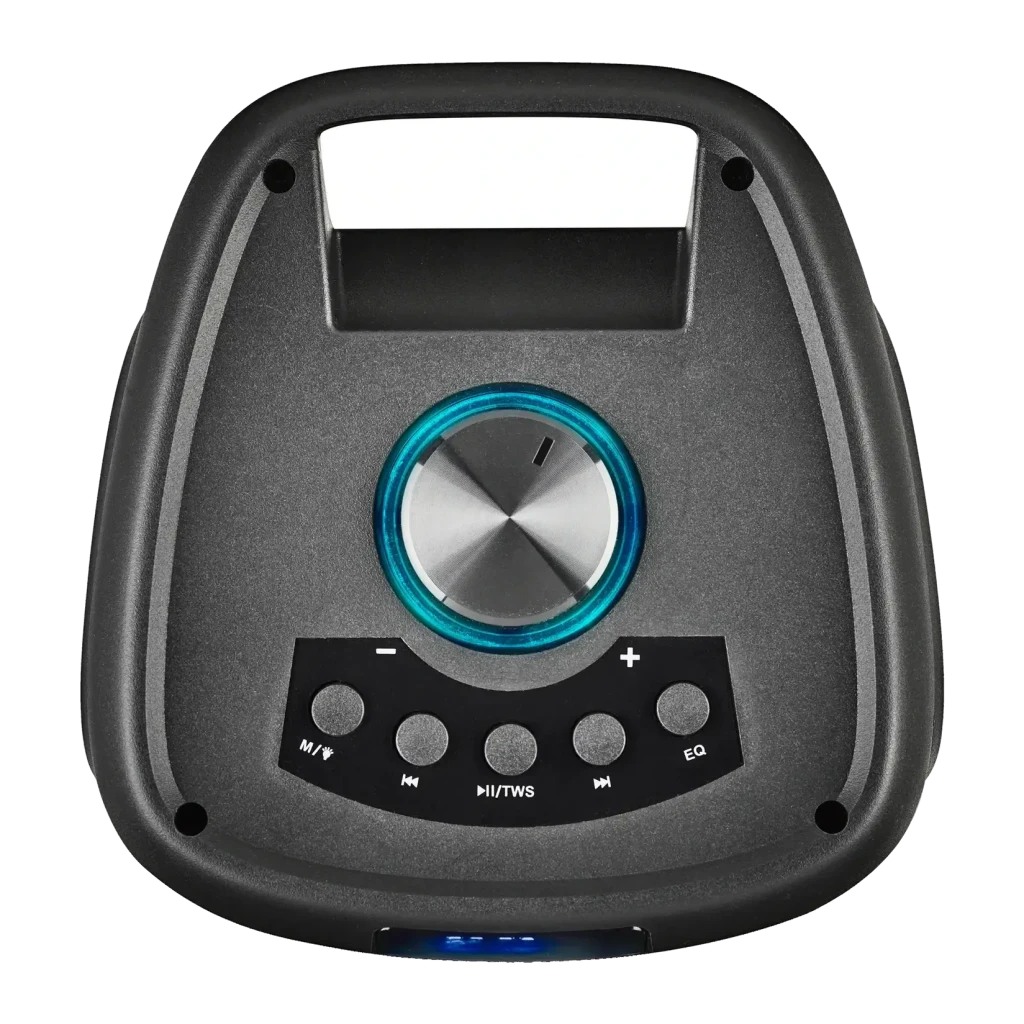 Coluna NGS Wild Banger 2 20W RMS 4h Bluetooth 5.3, vista superior: botão giratório com anel LED azul e botões de controlo