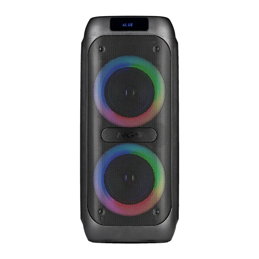 Coluna NGS Wild Banger 2 20W RMS 4h Bluetooth 5.3, vista frontal: dois woofers com luzes RGB e display LED azul