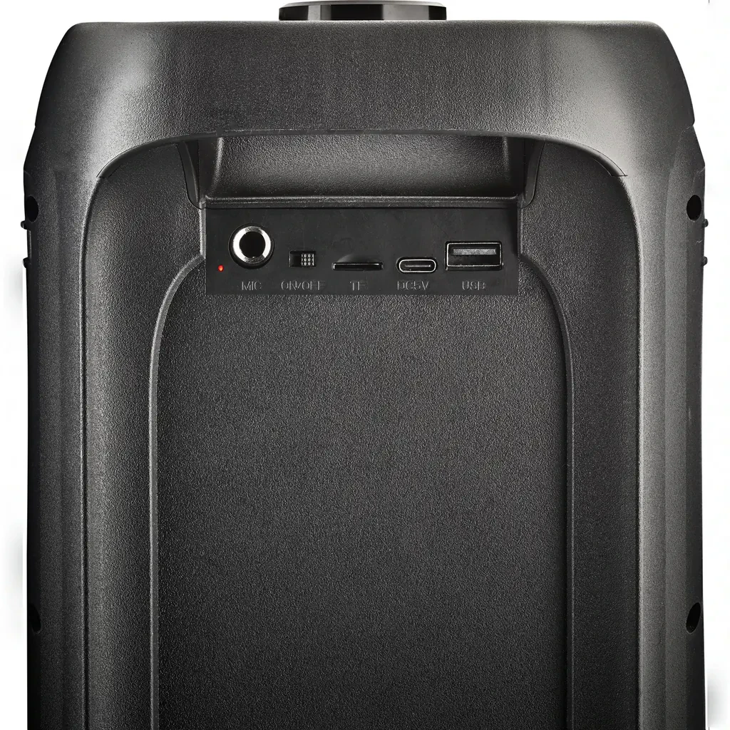 Coluna NGS Wild Banger 2 20W RMS 4h Bluetooth 5.3, em uso painel traseiro: portas MIC, ON/OFF, TF, DC e USB visíveis