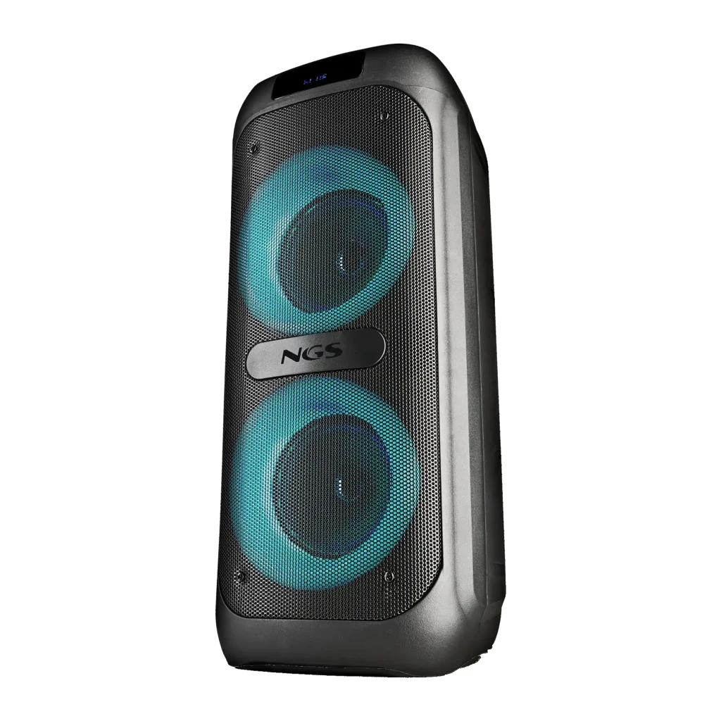 Coluna NGS Wild Banger 2 20W RMS 4h Bluetooth 5.3, vista frontal em ângulo: dois woofers com iluminação LED turquesa