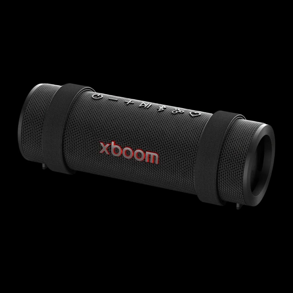 Altavoz portátil LG XBOOM Grab by will.i.am IP67 30W 20h Bluetooth 5.3, vista lateral: logo xboom en rojo, tela negra