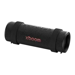 Altavoz portátil LG XBOOM Grab by will.i.am IP67 30W 20h Bluetooth 5.3, vista lateral: logo xboom en rojo, tela negra