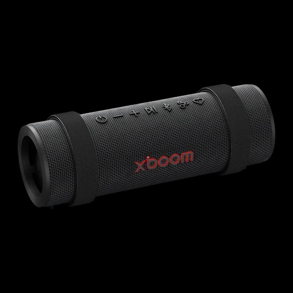 Altavoz portátil LG XBOOM Grab by will.i.am IP67 30W 20h Bluetooth 5.3, vista lateral: forma cilíndrica negra, logo xboom