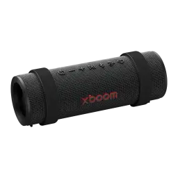 Altavoz portátil LG XBOOM Grab by will.i.am IP67 30W 20h Bluetooth 5.3, vista lateral: forma cilíndrica negra, logo xboom