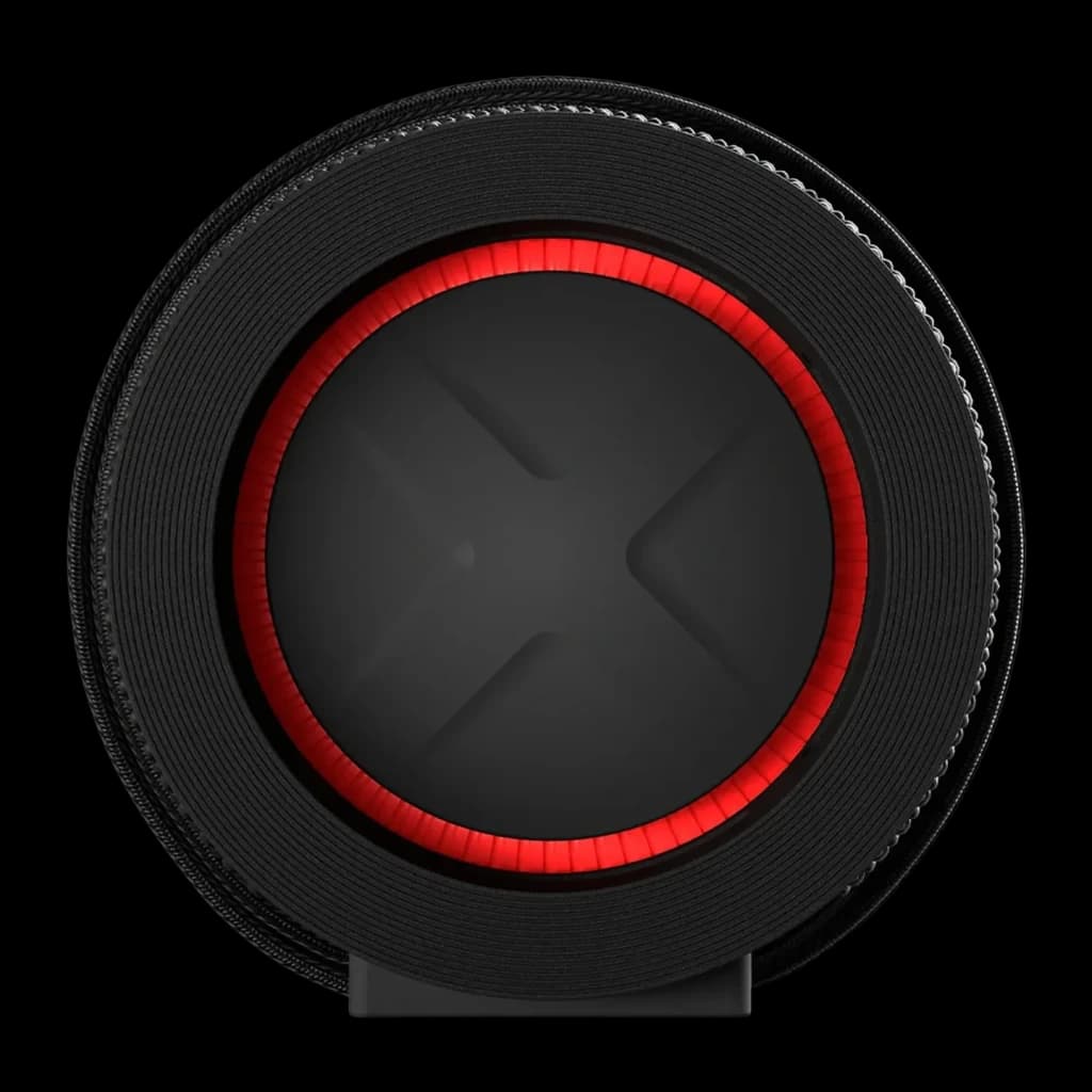 Altavoz portátil LG XBOOM Grab by will.i.am IP67 30W 20h Bluetooth 5.3, vista frontal: membrana negra con anillo LED rojo
