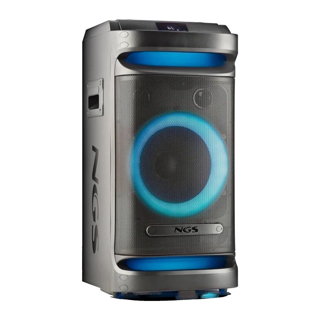 Coluna portátil NGS Wild Space 1 180W RMS 5h Bluetooth 5.3, vista frontal em ângulo: luzes LED azuis e ciano no woofer