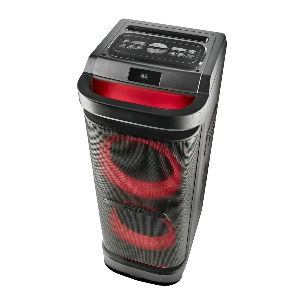 Coluna portátil NGS Wild Space 2 400W RMS Bluetooth 5.3, vista em perspetiva: luzes LED vermelhas na grelha e painel
