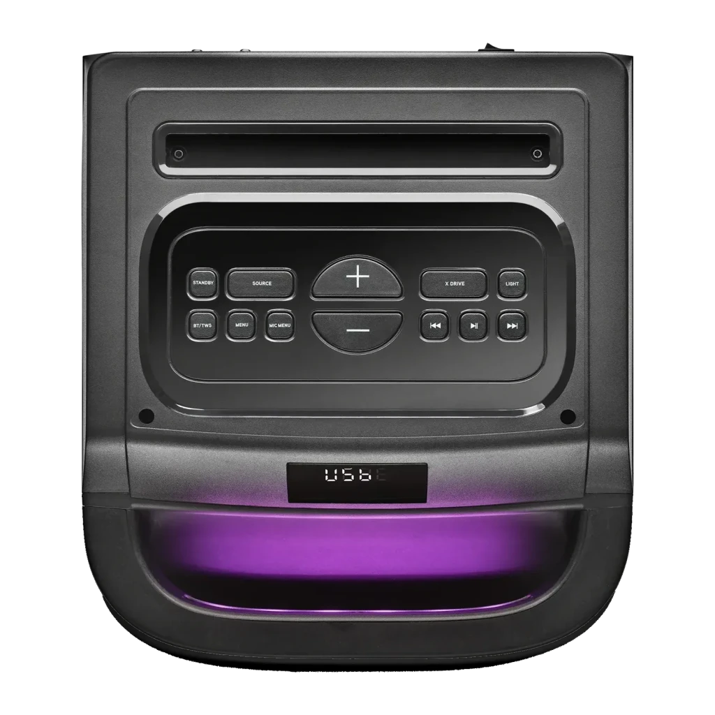 Coluna portátil NGS Wild Space 2 400W RMS Bluetooth 5.3, vista superior: painel de controlo com botões, display USB e luz