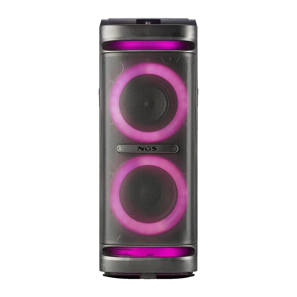 Coluna portátil NGS Wild Space 2 400W RMS Bluetooth 5.3, vista frontal: dois woofers com anéis LED rosa e grelha metálica