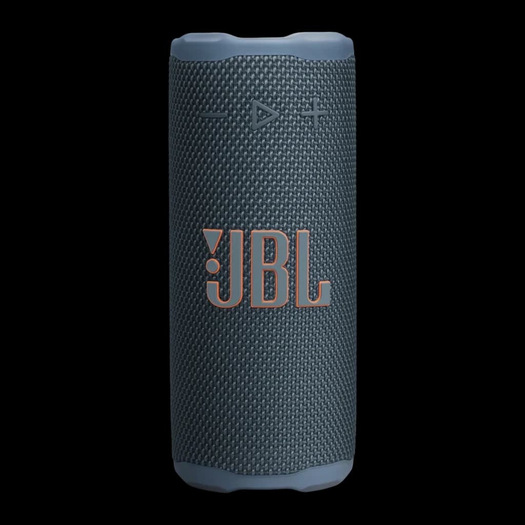 Enceinte portable JBL Grip IP68 16W 14h Bluetooth 5.4, vue de face: corps cylindrique bleu avec logo JBL orange et boutons
