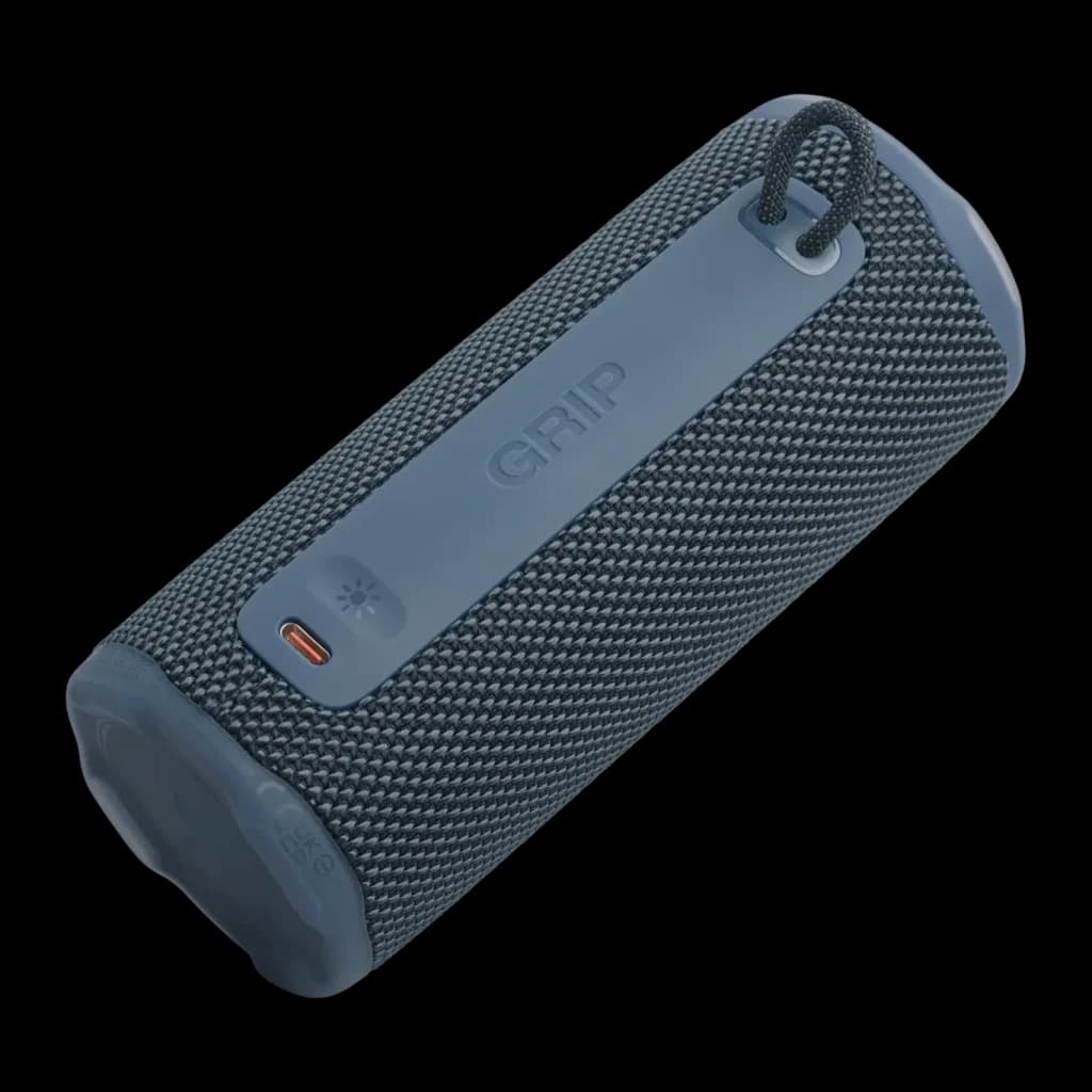 Enceinte portable JBL Grip IP68 16W 14h Bluetooth 5.4, vue arrière: port USB-C, bouton et mousqueton avec cordon bleu