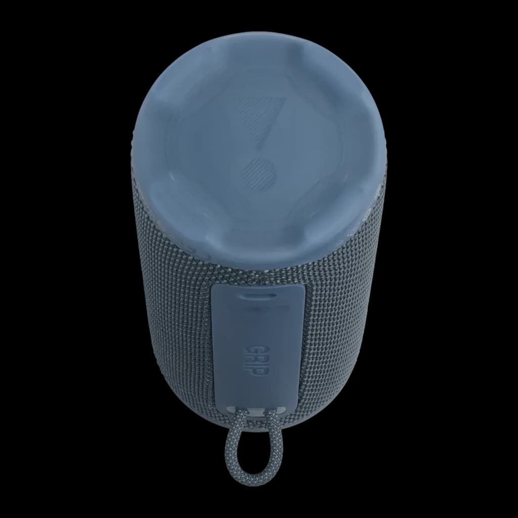Enceinte portable JBL Grip IP68 16W 14h Bluetooth 5.4 bleu, vue du dessus: capuchon silicone, grille textile et anneau