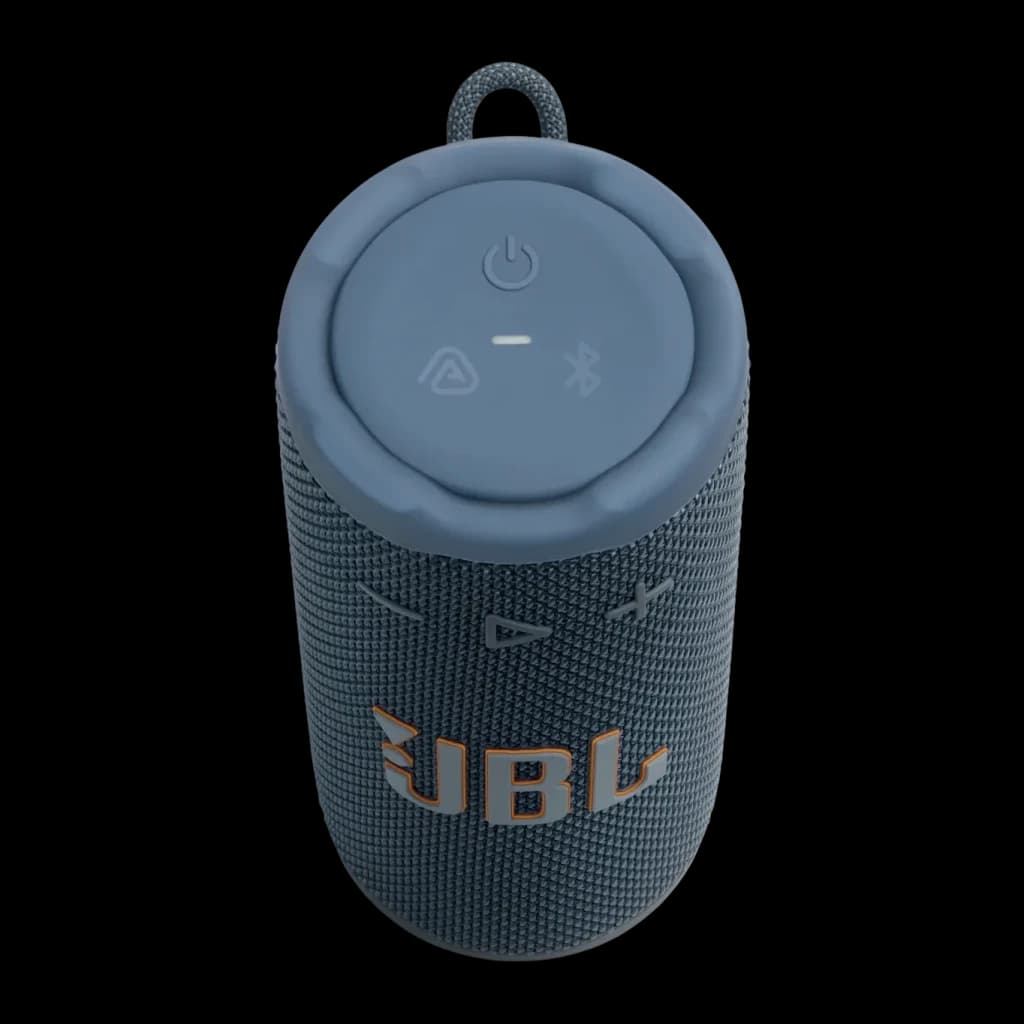 Enceinte portable JBL Grip IP68 16W 14h Bluetooth 5.4, vue dessus: panneau de boutons, logo orange et mousqueton textile