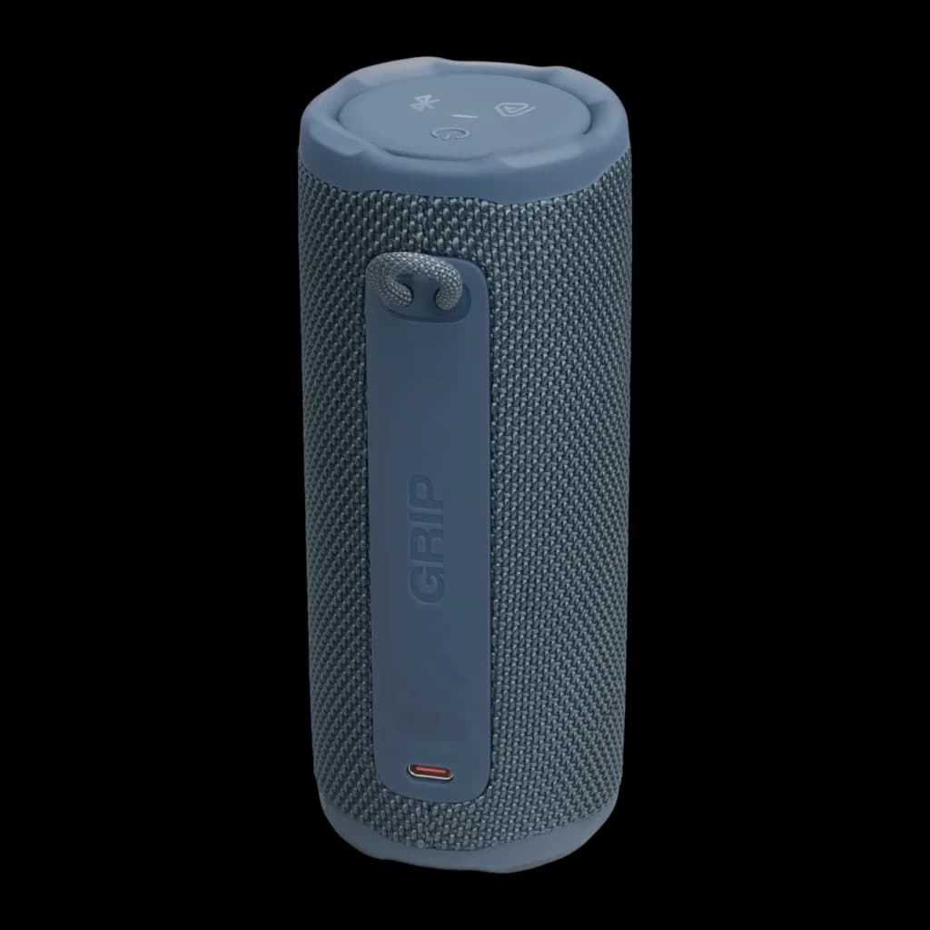 Enceinte portable JBL Grip IP68 16W 14h Bluetooth 5.4, vue avant: sangle latérale logo GRIP, tissu bleu et boutons