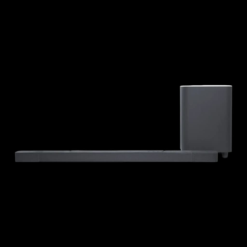 Barra de Som JBL Bar 800 Dolby Atmos 5.1.2 Sub Sem Fios 10 polegadas 720W, vista lateral: barra alongada e subwoofer preto