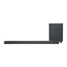 Barra de Som JBL Bar 800 Dolby Atmos 5.1.2 Sub Sem Fios 10 polegadas 720W, vista lateral: barra alongada e subwoofer preto