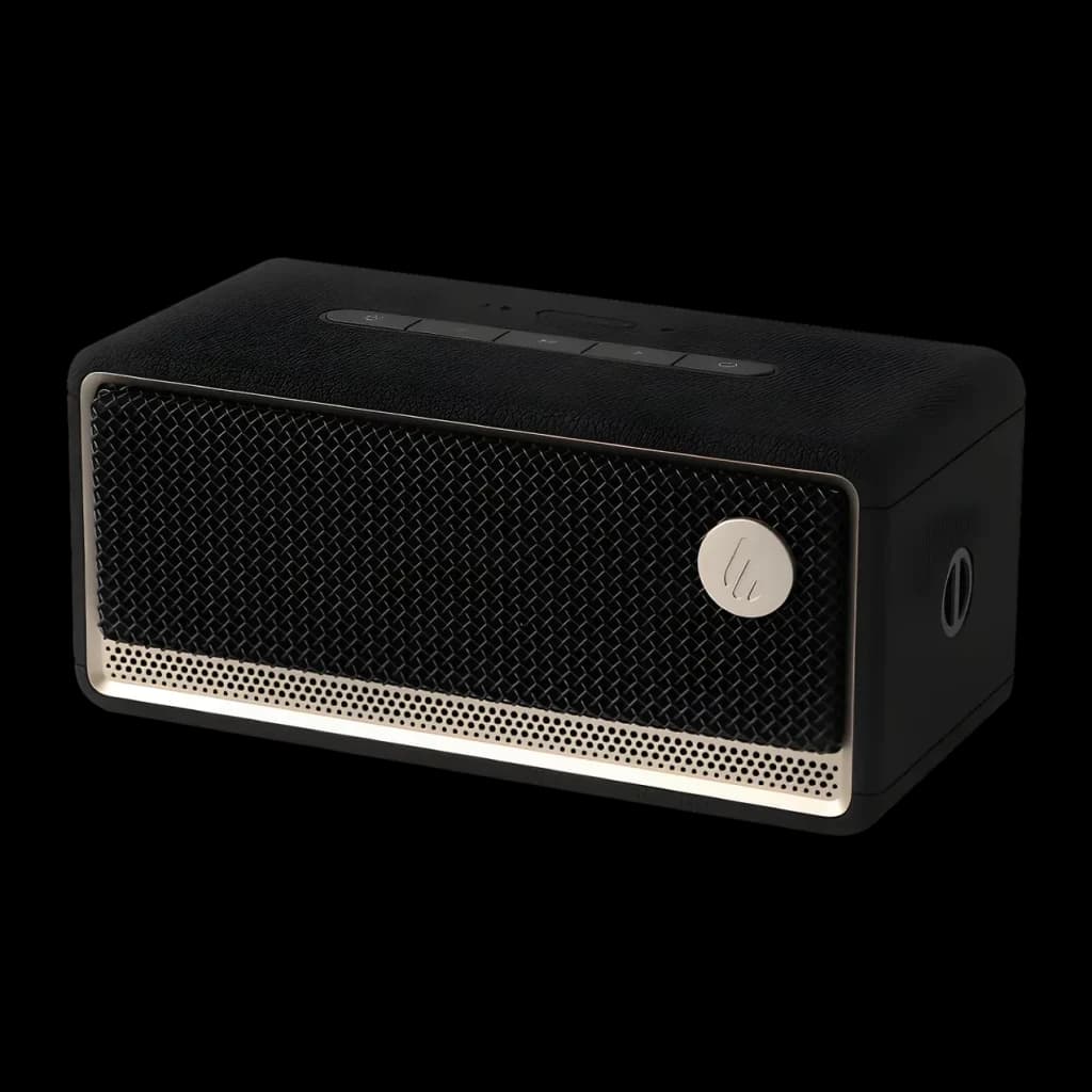 Altavoz Edifier ES60 34W 9h Bluetooth 5.4, vista frontal en ángulo: rejilla metálica dorada, logo y botones superiores