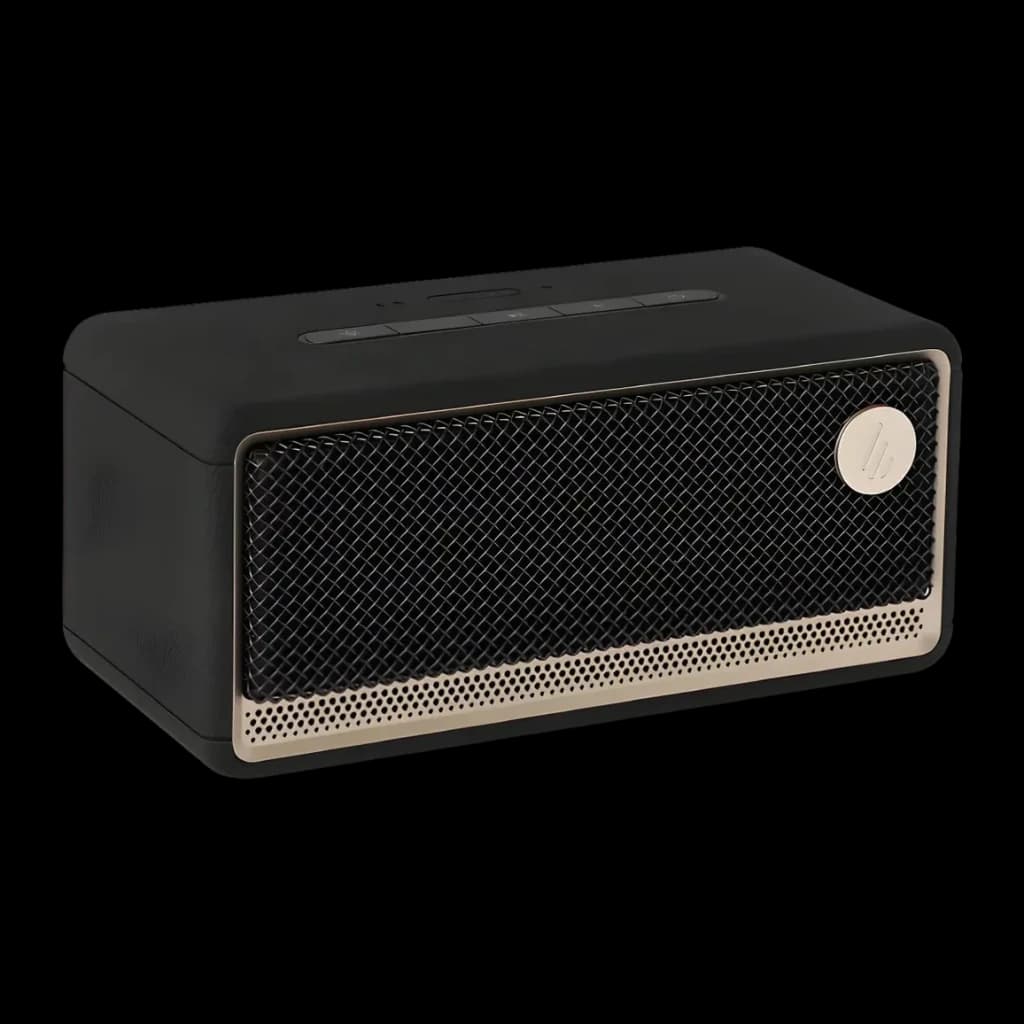 Altavoz Edifier ES60 34W 9h Bluetooth 5.4 negro, vista frontal en ángulo: rejilla metálica dorada y botones superiores