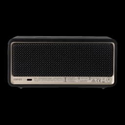 Altavoz Edifier ES60 34W 9h Bluetooth 5.4, vista frontal: rejilla metálica negra con marco dorado y etiqueta regulatoria