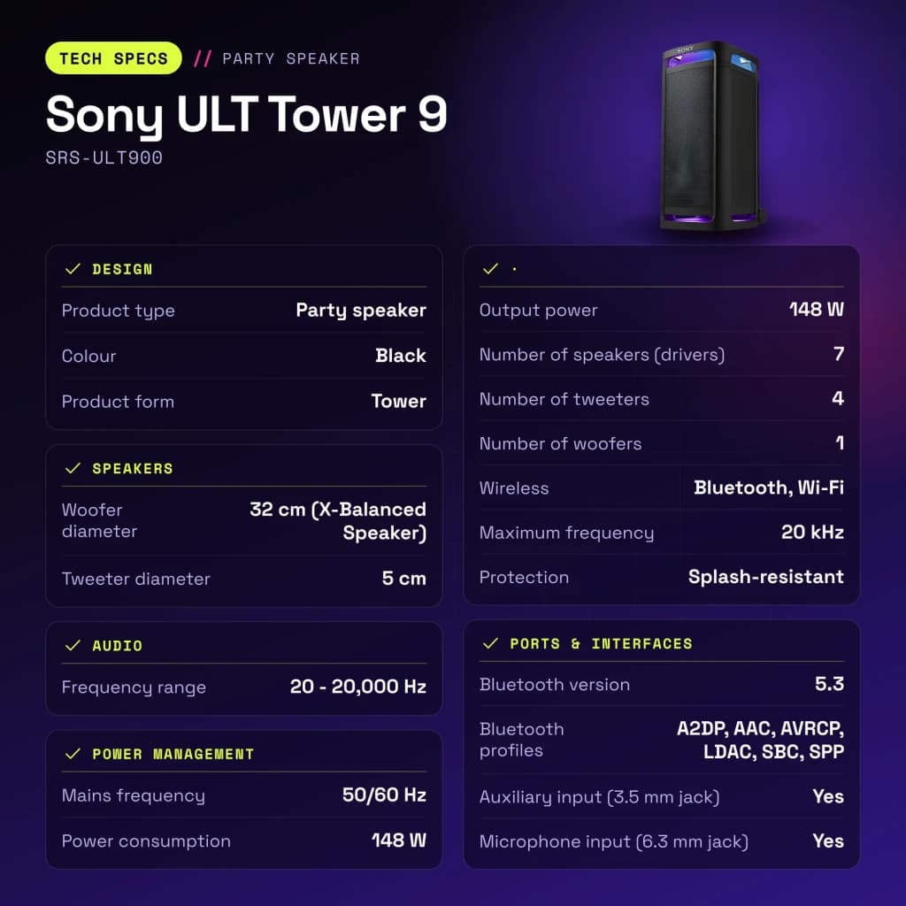 Enceinte de fête Sony ULT Tower 9 SRS-ULT900 148W Bluetooth 5.3 - caractéristiques
