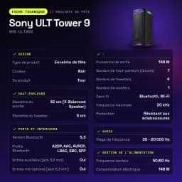 Enceinte de fête Sony ULT Tower 9 SRS-ULT900 148W Bluetooth 5.3 - caractéristiques