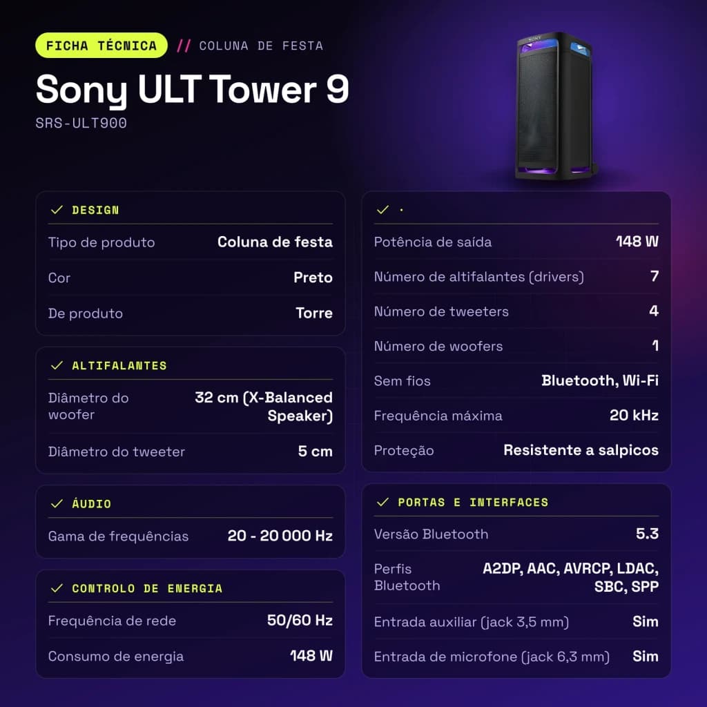 Enceinte de fête Sony ULT Tower 9 SRS-ULT900 148W Bluetooth 5.3 - caractéristiques