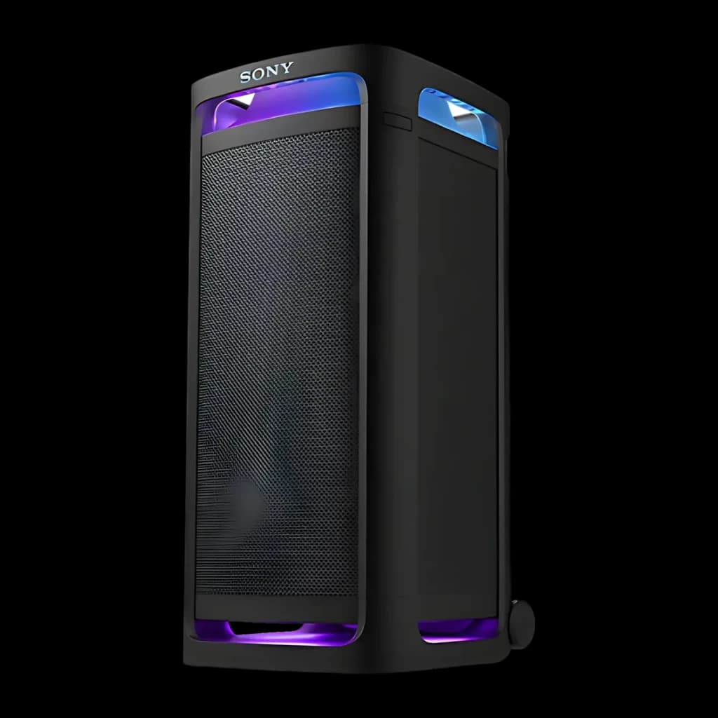 Enceinte de fête Sony ULT Tower 9 SRS-ULT900 148W Bluetooth 5.3, vue en angle: grille avant noire et éclairage LED violet